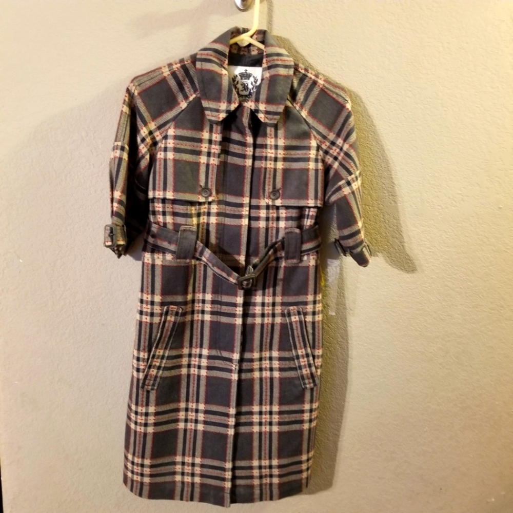 BB Dakota New Womens Gray Plaid Trenchcoat Short Sleeve Small Belted Wool Blend